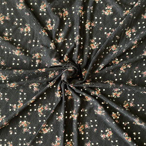 Black Olive Mustard and Mauve Floral Print Eyelet Poly Spandex Knit Fabric, Raspberry Creek Fabrics, watermarked, restored