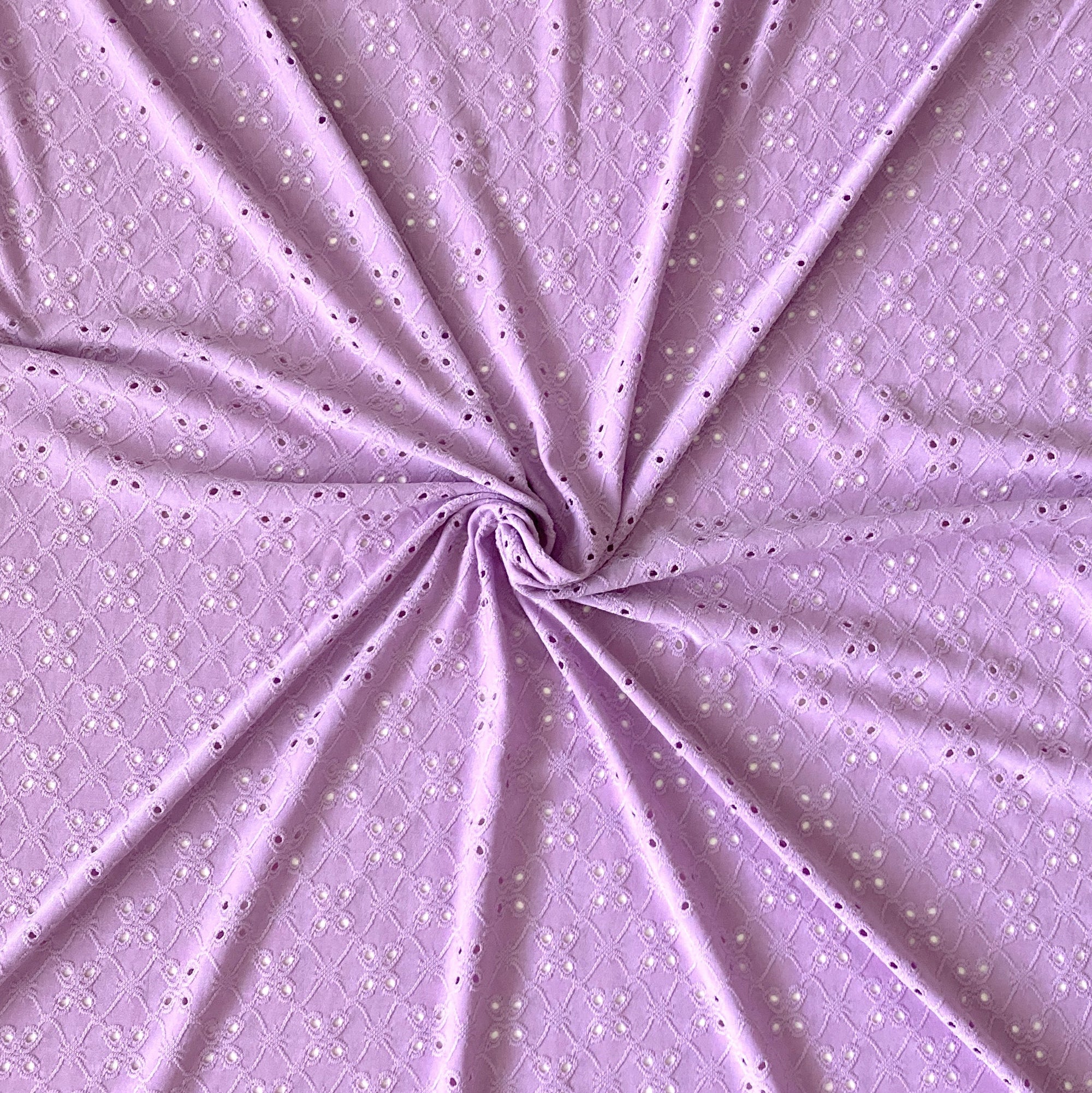 Solid Lilac Eyelet Poly Spandex Knit Fabric, Raspberry Creek Fabrics, watermarked, restored