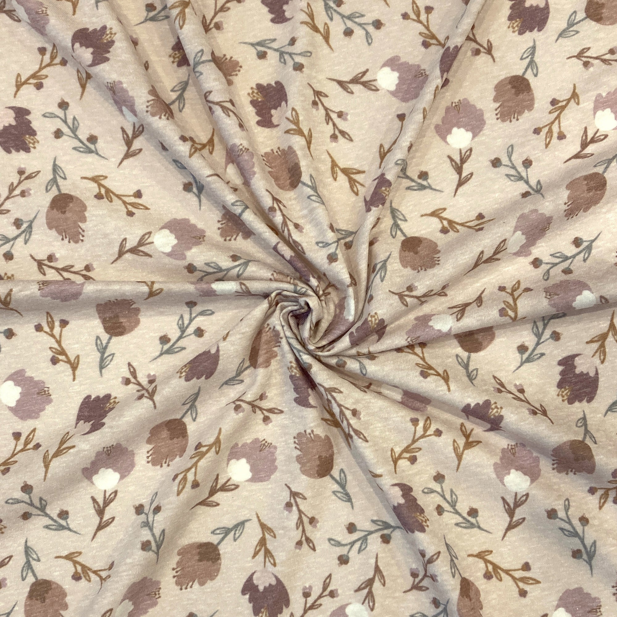 Tonal Tan Olive and Mauve Floral Tri-Blend Jersey Knit Fabric, Wander by Kelsey Shaw for CLUB Fabrics Fabric, Raspberry Creek Fabrics