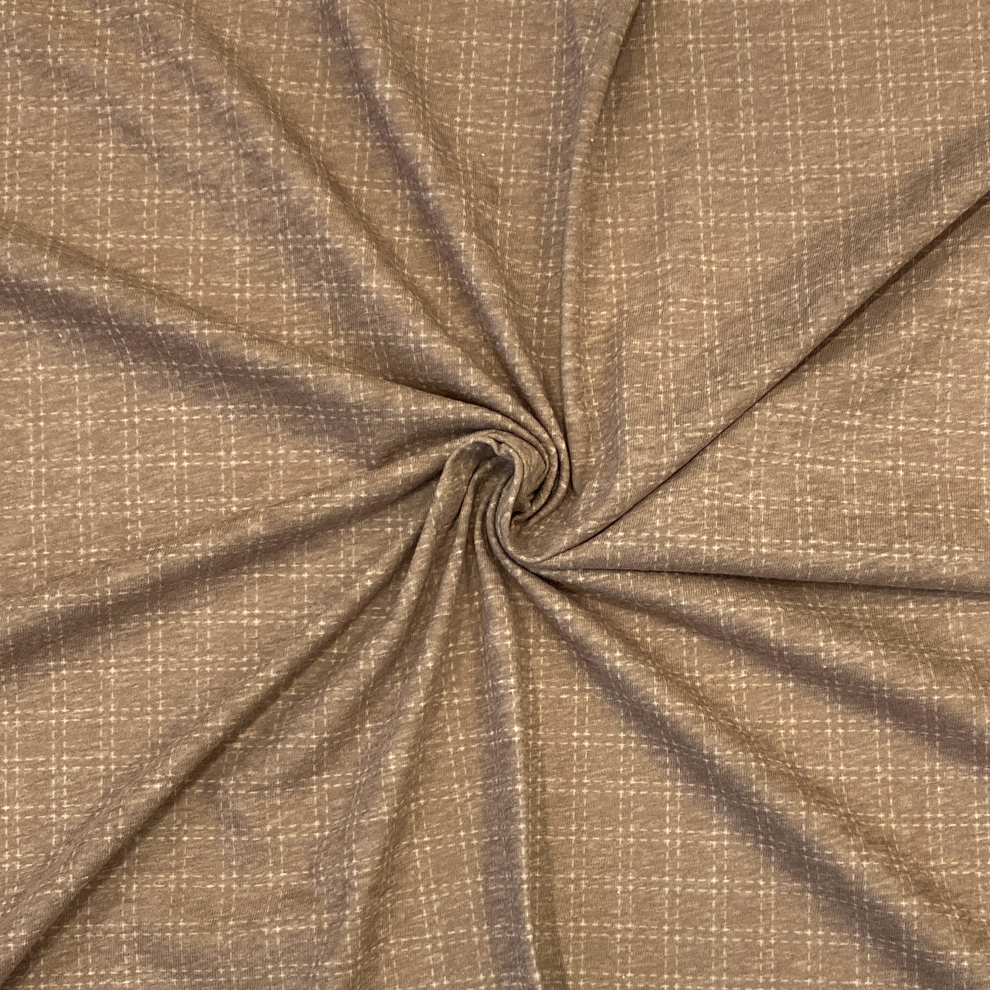 Chestnut Brown and Cream Dash Plaid Tri-Blend Jersey Knit Fabric, Wander by Kelsey Shaw for CLUB Fabrics Fabric, Raspberry Creek Fabrics