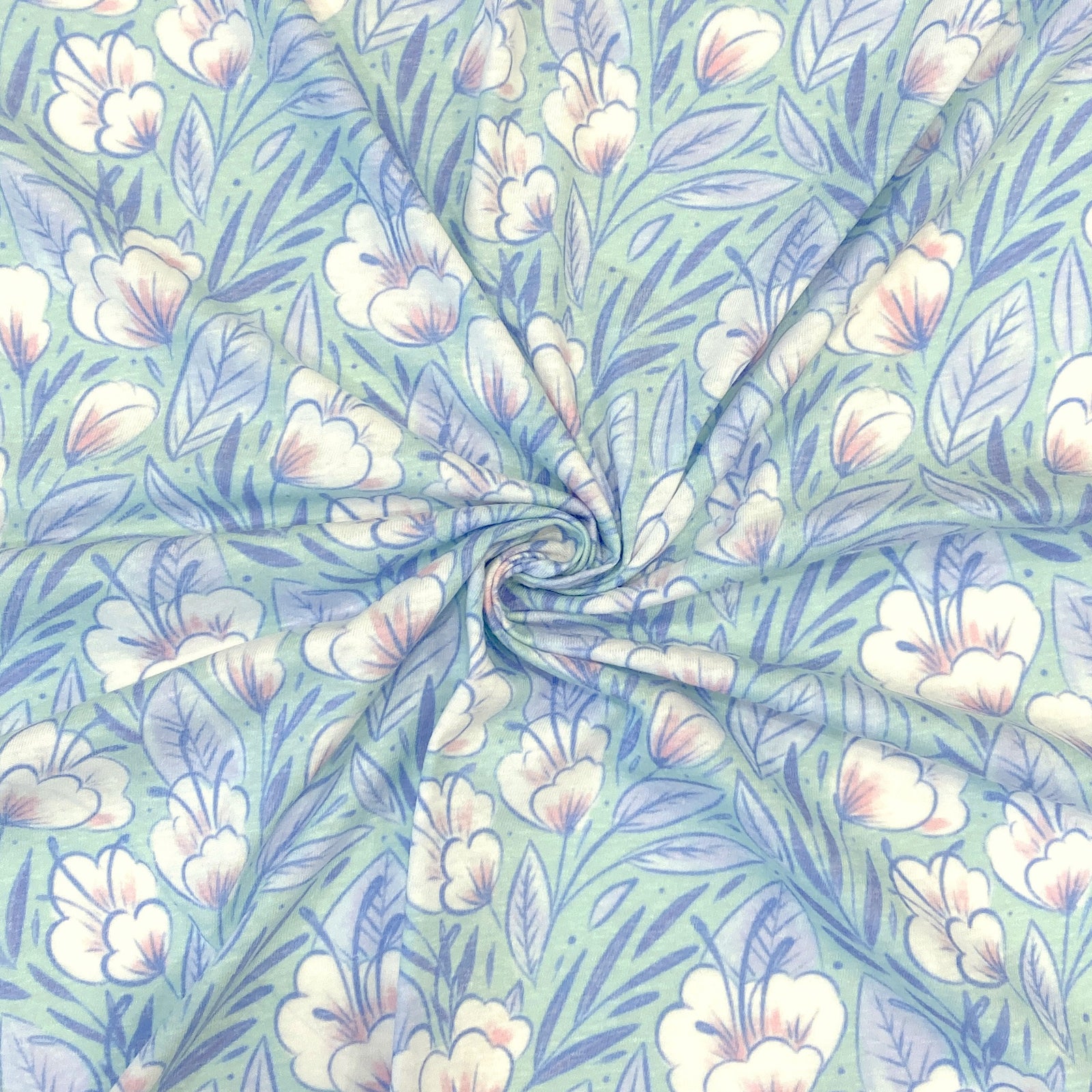 Mint Periwinkle Pink and White Floral Tri-Blend Jersey Knit Fabric, Sweet Tropical by Janelle Coury for CLUB Fabrics