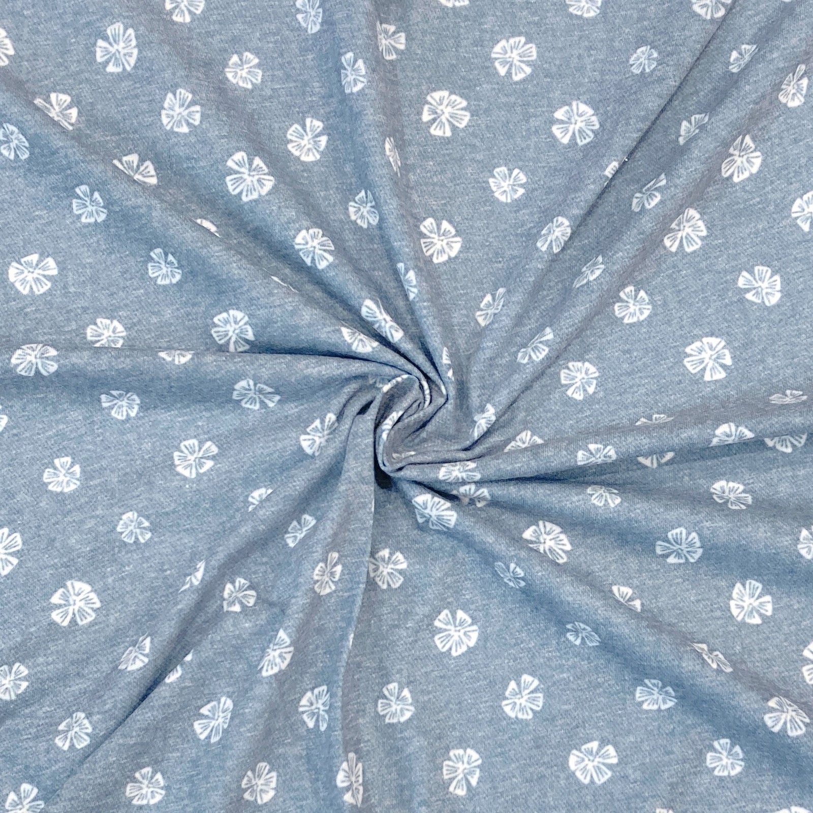Faux Chambray Blue and White Floral Tri-Blend Jersey Knit Fabric, By Brittney Laidlaw for CLUB Fabrics Fabric, Raspberry Creek Fabrics, watermarked