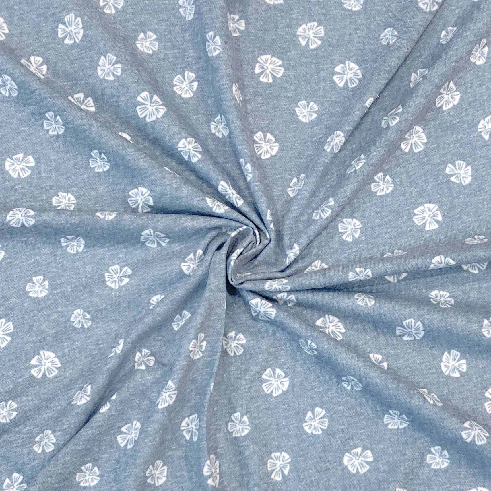 Faux Chambray Blue and White Floral Tri-Blend Jersey Knit Fabric, By Brittney Laidlaw for CLUB Fabrics Fabric, Raspberry Creek Fabrics
