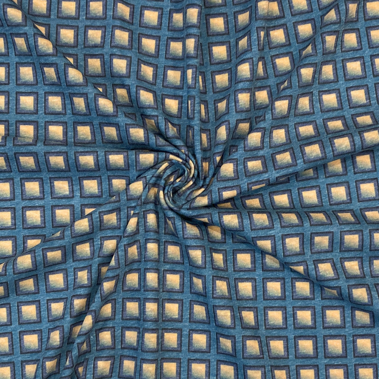 Teal Yellow and Black Geometric Ombre Check Tri-Blend Jersey Knit Fabric, By Elise Peterson for CLUB Fabrics