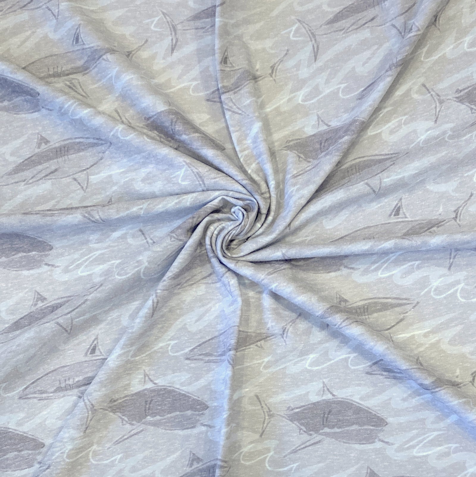 Tonal Grey and Light Blue Shark Wave Tri-Blend Jersey Knit Fabric, By Elise Peterson for CLUB Fabrics