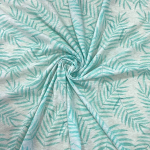 Tonal Mint Palm Frond Tri-Blend Jersey Knit Fabric, Sweet Tropical by Janelle Coury for CLUB Fabrics Fabric, Raspberry Creek Fabrics
