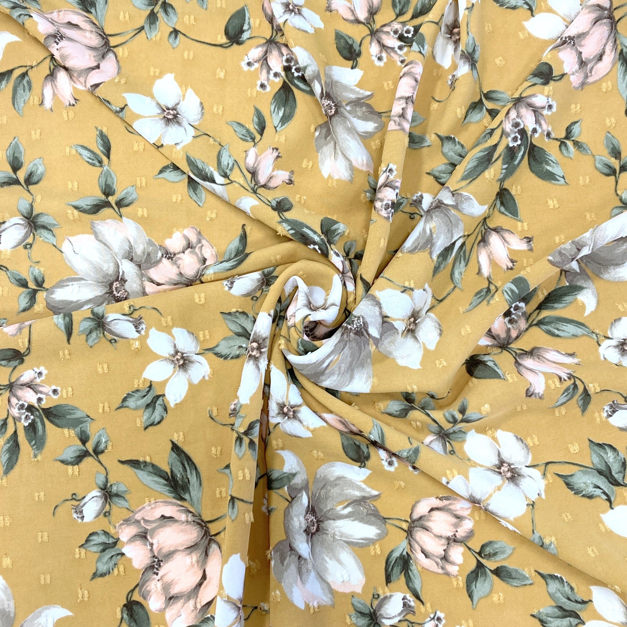 Mustard Peach Cream and Sage Magnolia Floral Swiss Dot Fabric Fabric, Raspberry Creek Fabrics, watermarked, restored