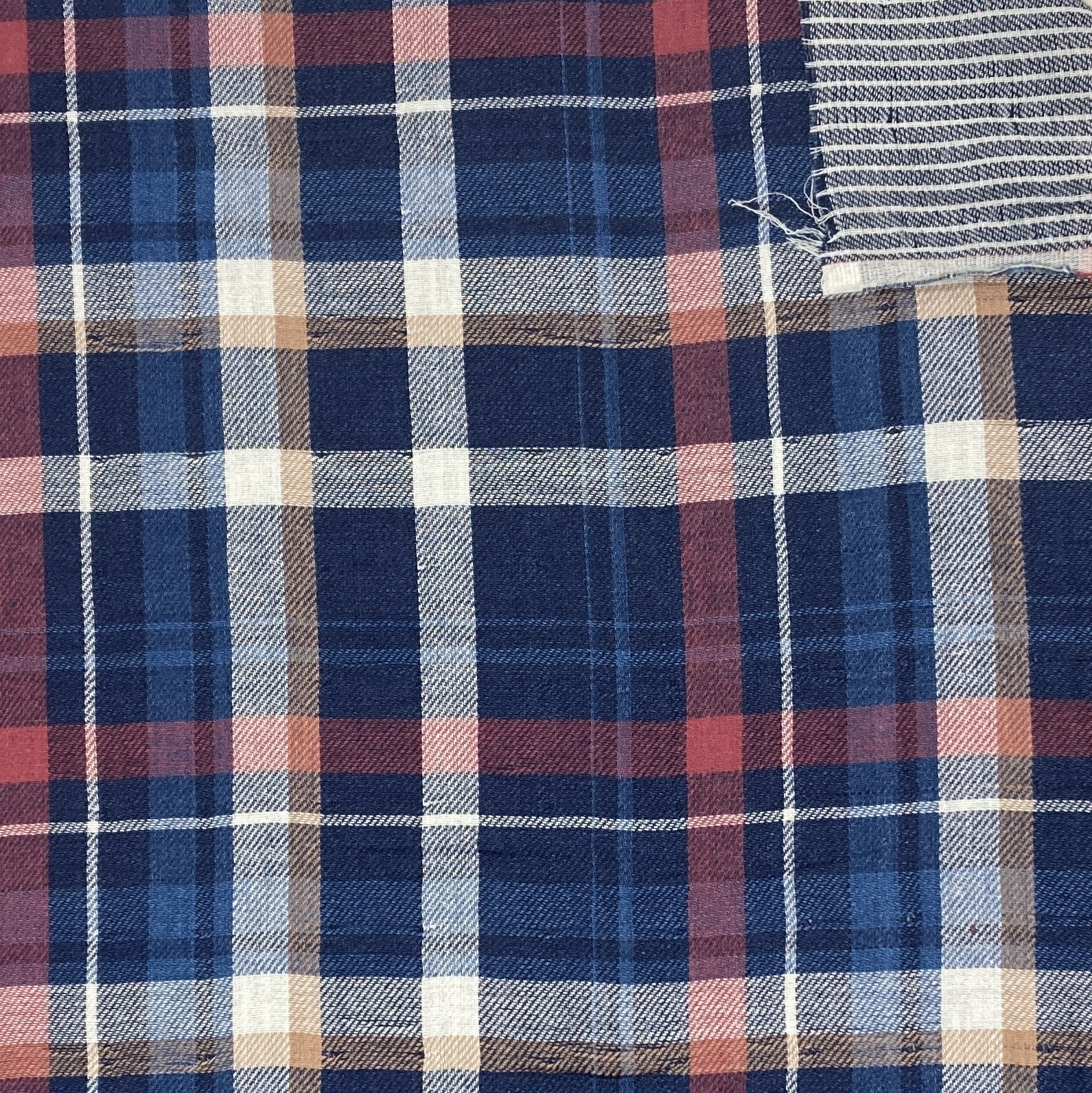 Red Navy Blue Royal Blue and Cream Plaid Cotton Light Weight Double Gauze Fabric Fabric, Raspberry Creek Fabrics, watermarked, restored