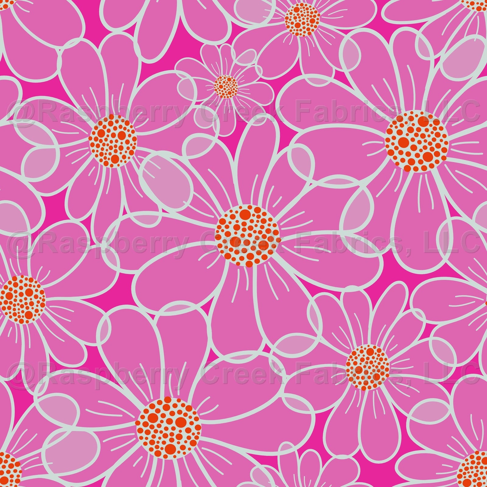 Gauzy daisies on hot pink with orange