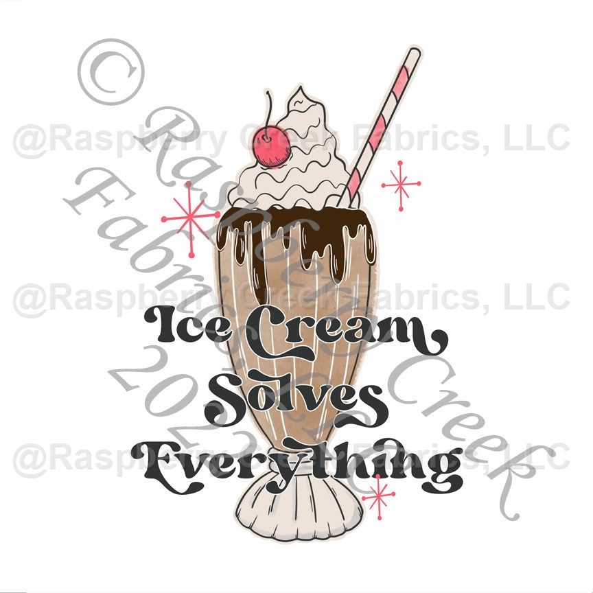 Milk Chocolate Grey Cream and Red Ice Cream Solves Everything Panel, Ice Cream Parlor by Kelsey Shaw for Club Fabrics Fabric, Raspberry Creek Fabrics, watermarked