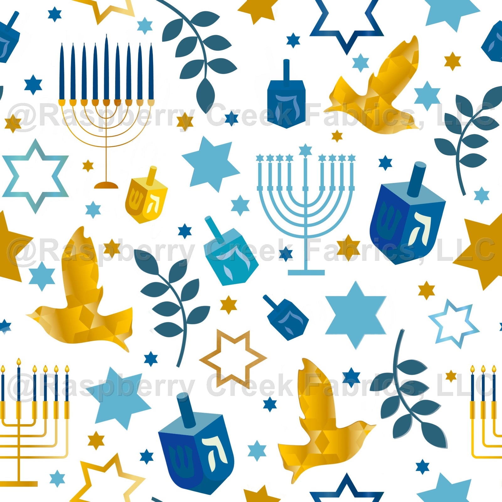 Happy Hanukkah Fabric, Raspberry Creek Fabrics, watermarked