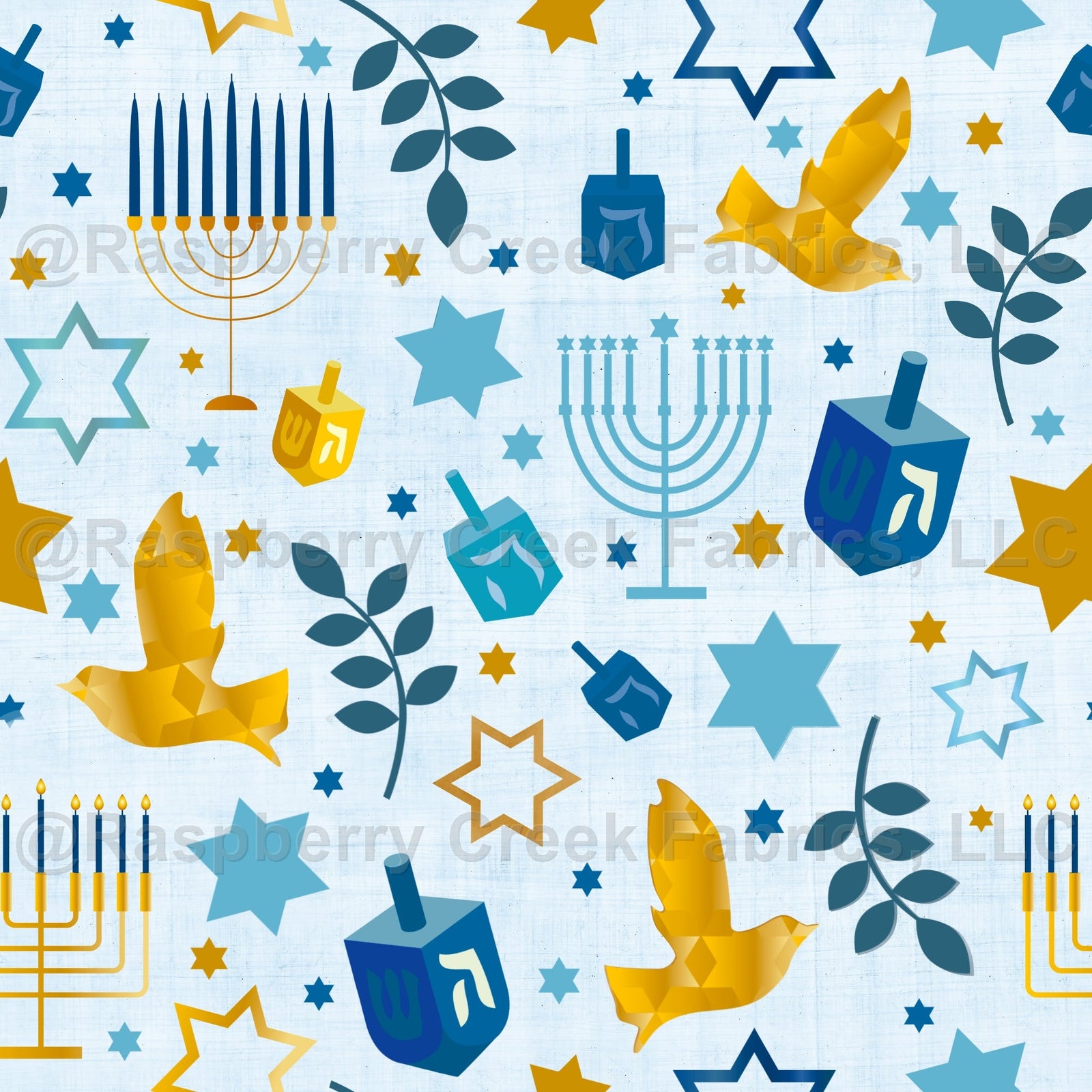 Happy Hanukkah on Blue Fabric, Raspberry Creek Fabrics, watermarked