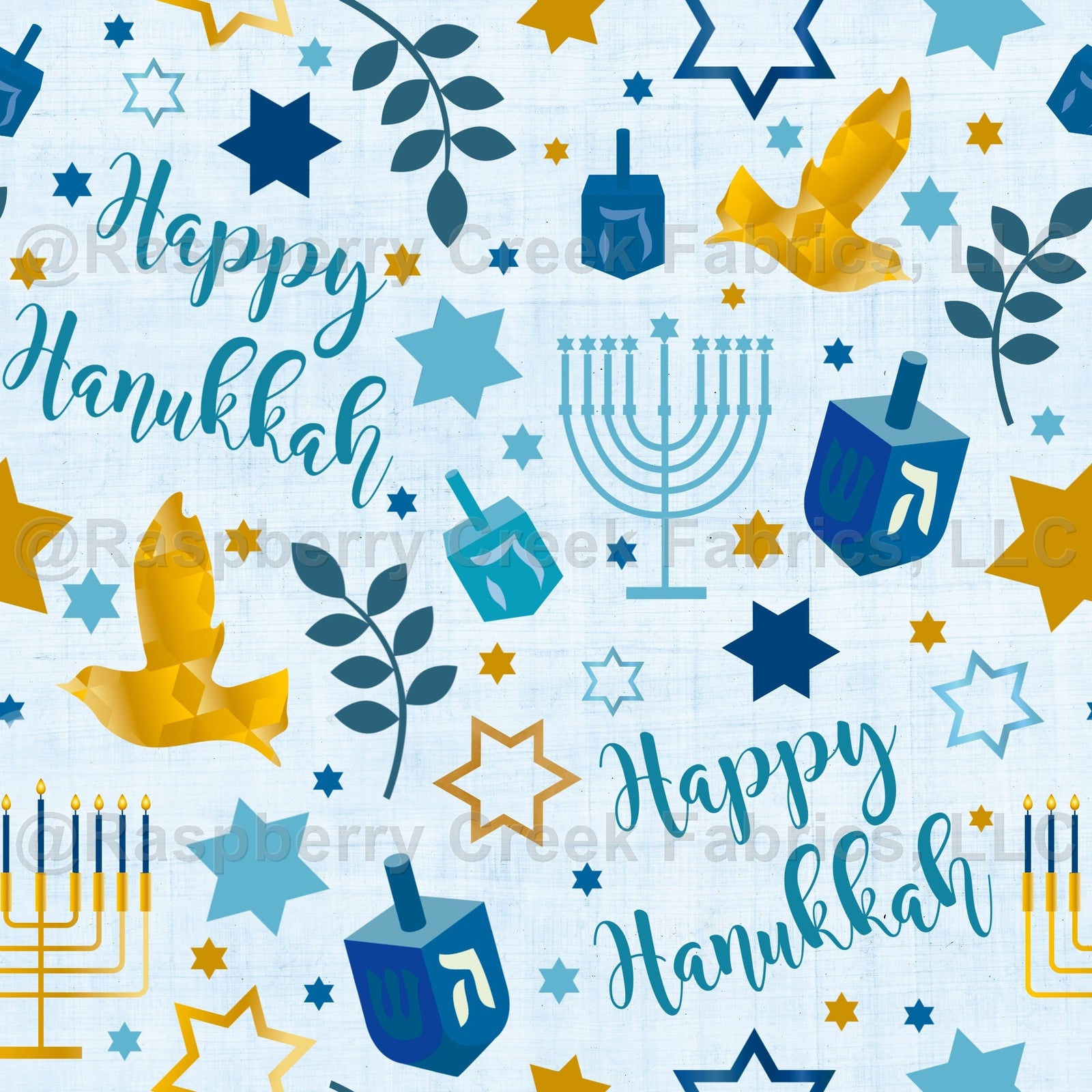 Happy Hanukkah on Blue Fabric, Raspberry Creek Fabrics, watermarked