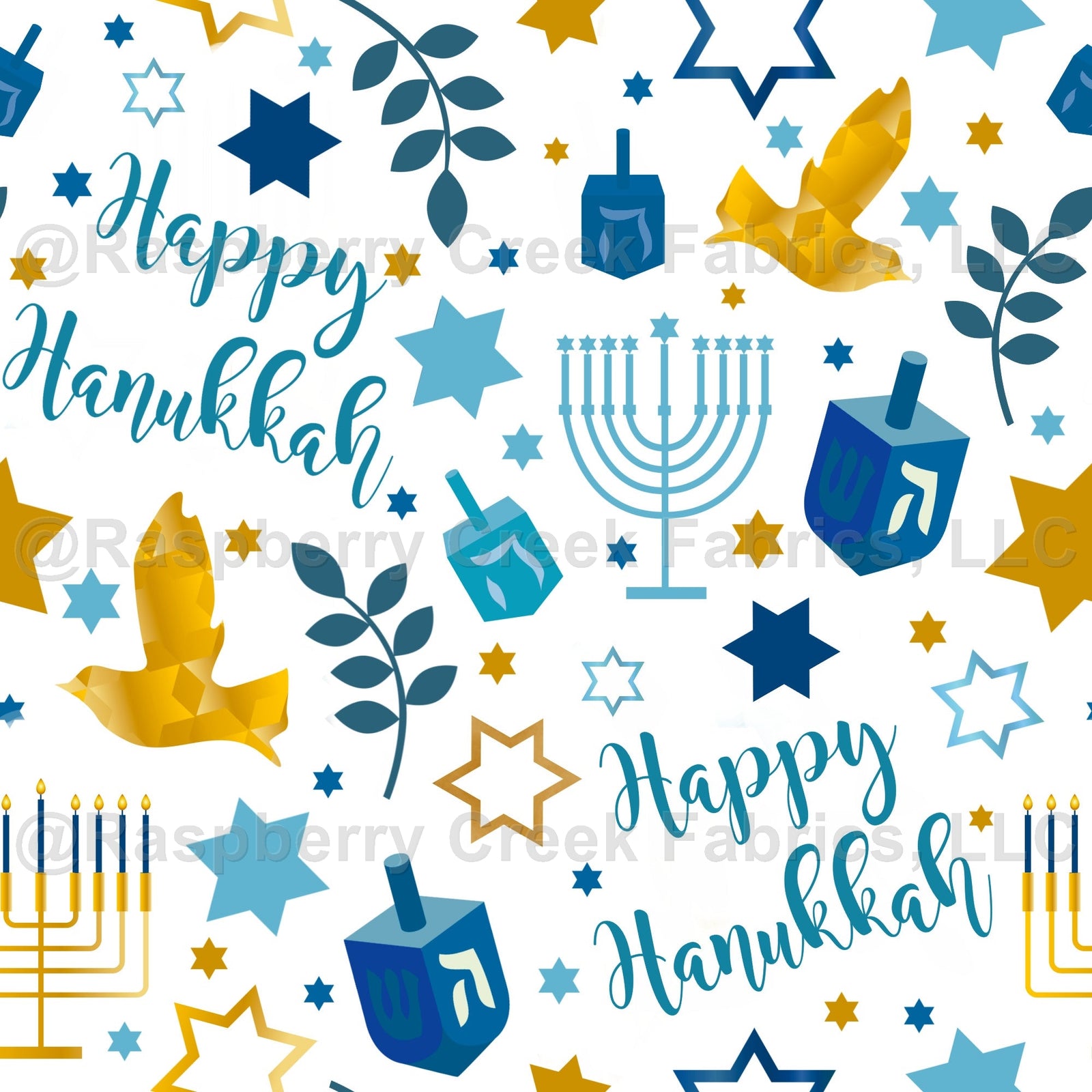 Happy Hanukkah Fabric, Raspberry Creek Fabrics, watermarked