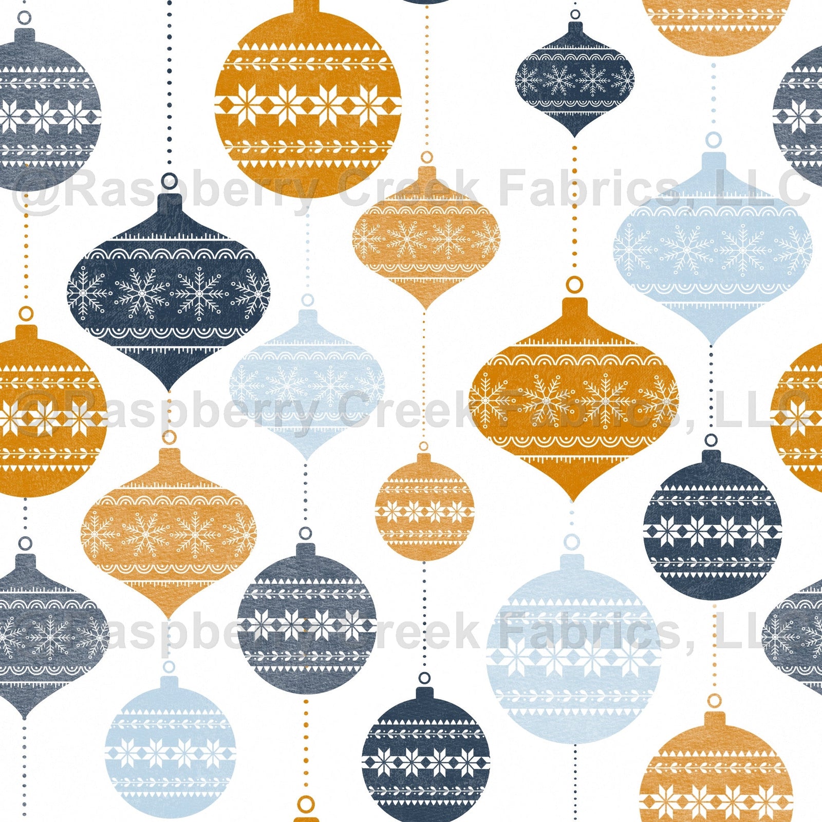 Scandinavian Bauble Glass Ornaments Winter Holidays Blue and Gold , Raspberry Creek Fabrics, watermarked