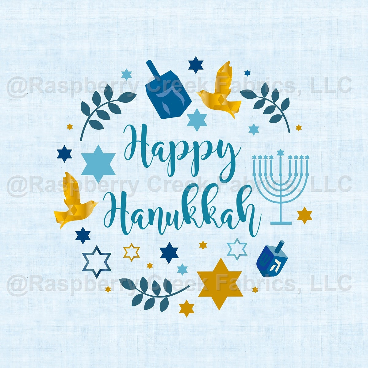 Happy Hanukkah Panel on Blue Fabric, Raspberry Creek Fabrics, watermarked