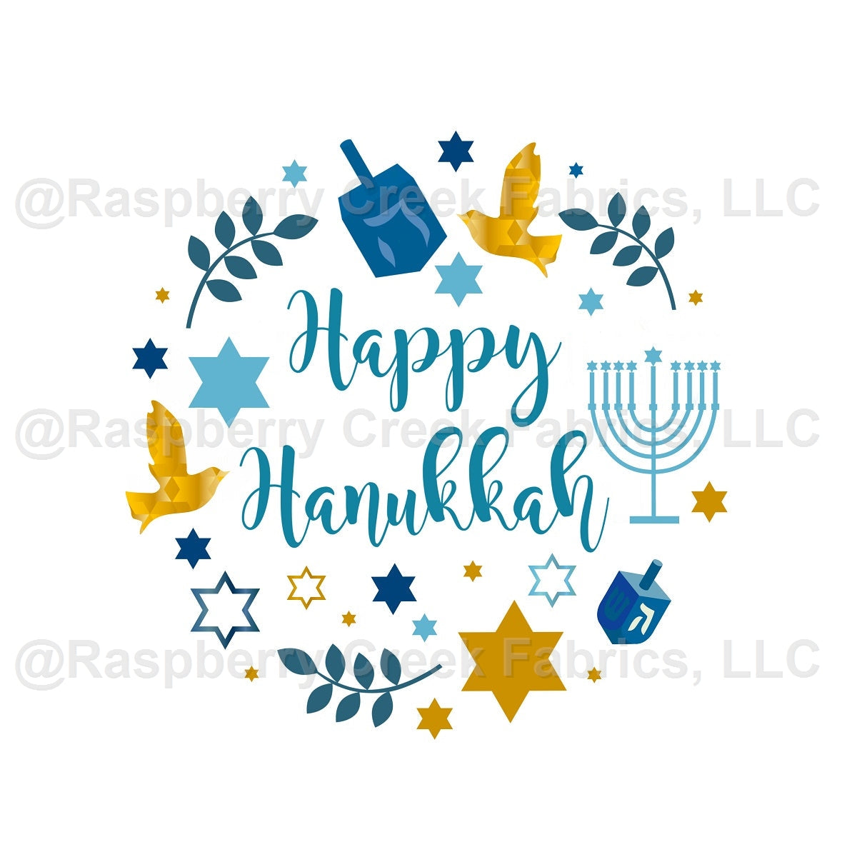 Happy Hanukkah Panel Fabric, Raspberry Creek Fabrics, watermarked
