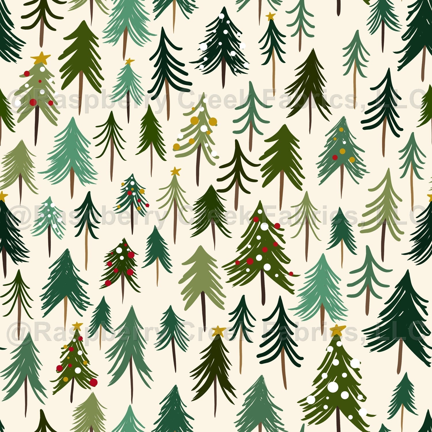 Cream and Tonal Green Ornament Trees Print, Jewel Tone by Brittney Laidlaw Fabric, Raspberry Creek Fabrics, watermarked