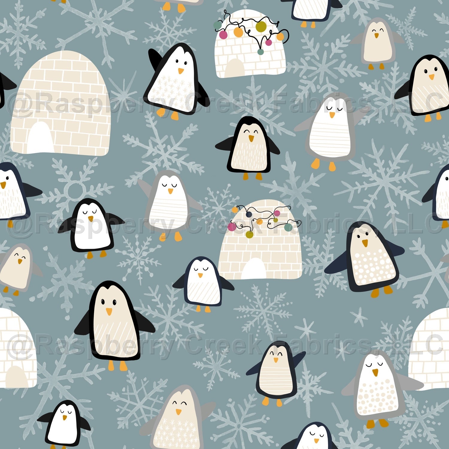 Dusty Blue Grey Cream and Black Penguin Igloo Snowflake Print, Jewel Tone by Brittney Laidlaw Fabric, Raspberry Creek Fabrics, watermarked