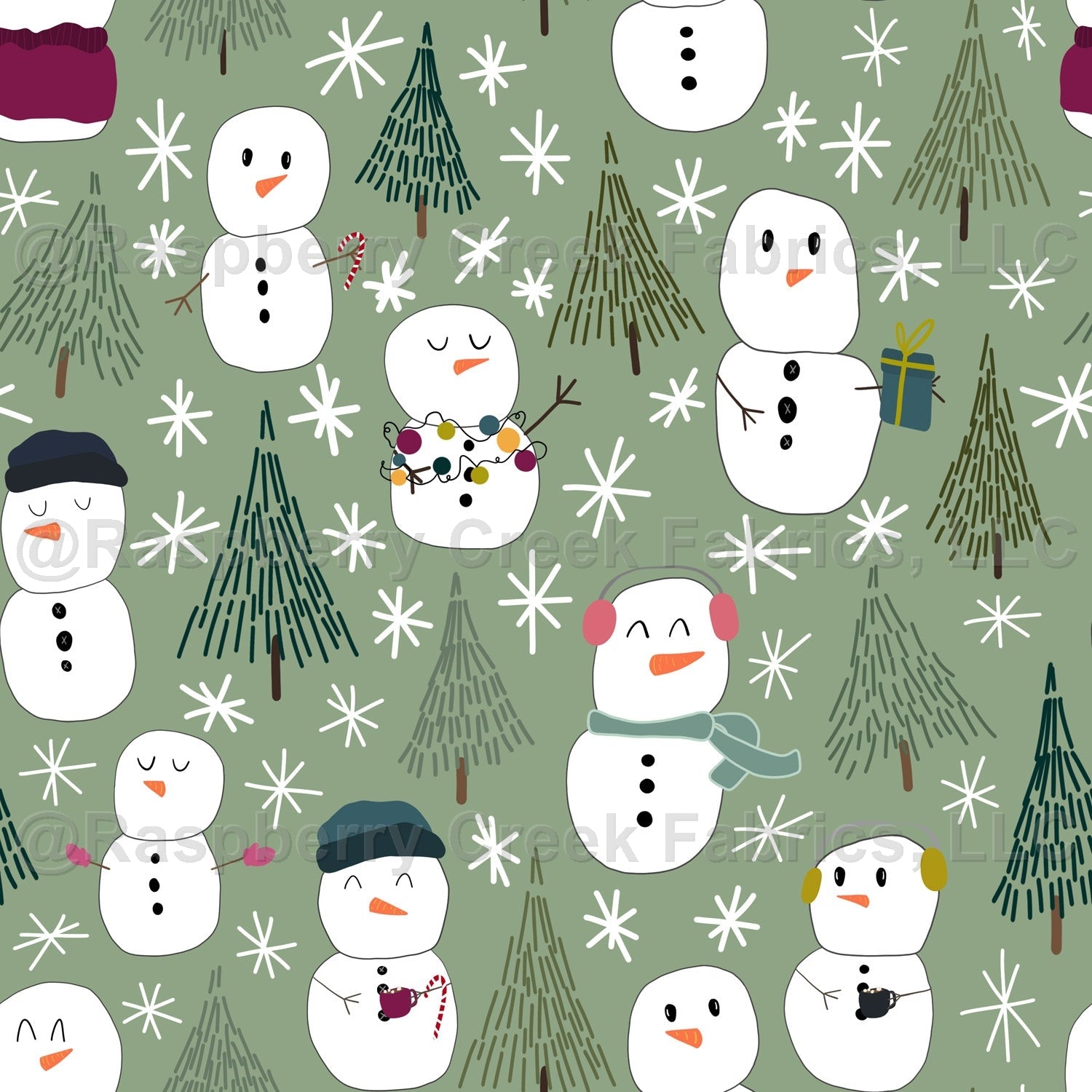 Sage Berry Teal and White Snowflake Tree Snowman Print, Jewel Tone by Brittney Laidlaw Fabric, Raspberry Creek Fabrics, watermarked