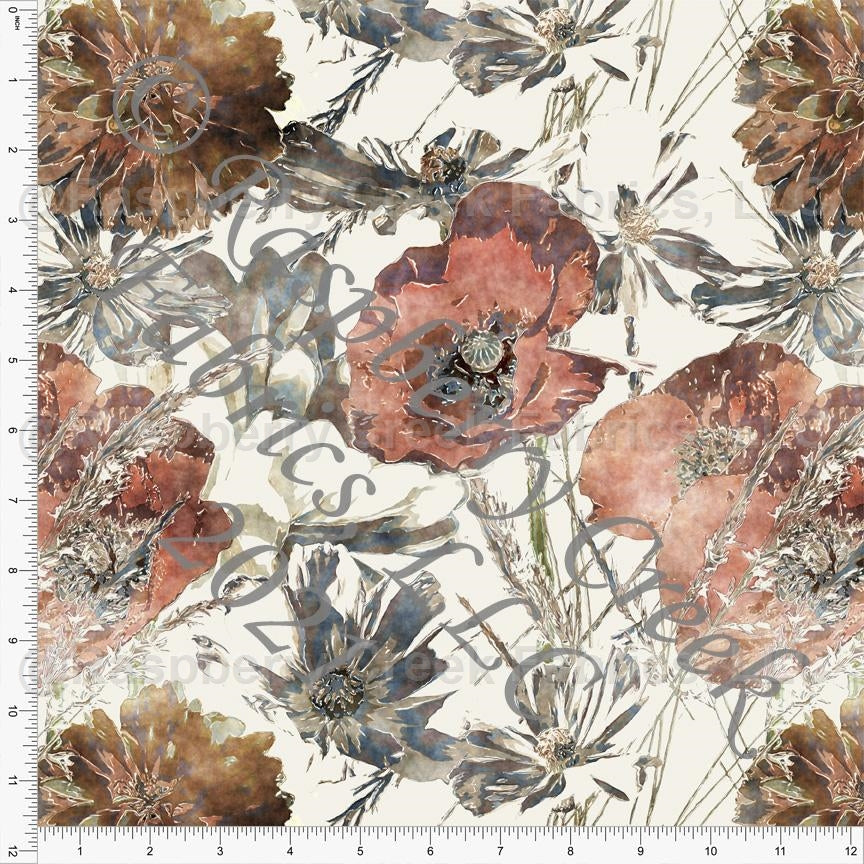 Tonal Cream Rust Deep Teal Grey and Brown Large Fall Floral Print Rayon Challis, CLUB Fabrics