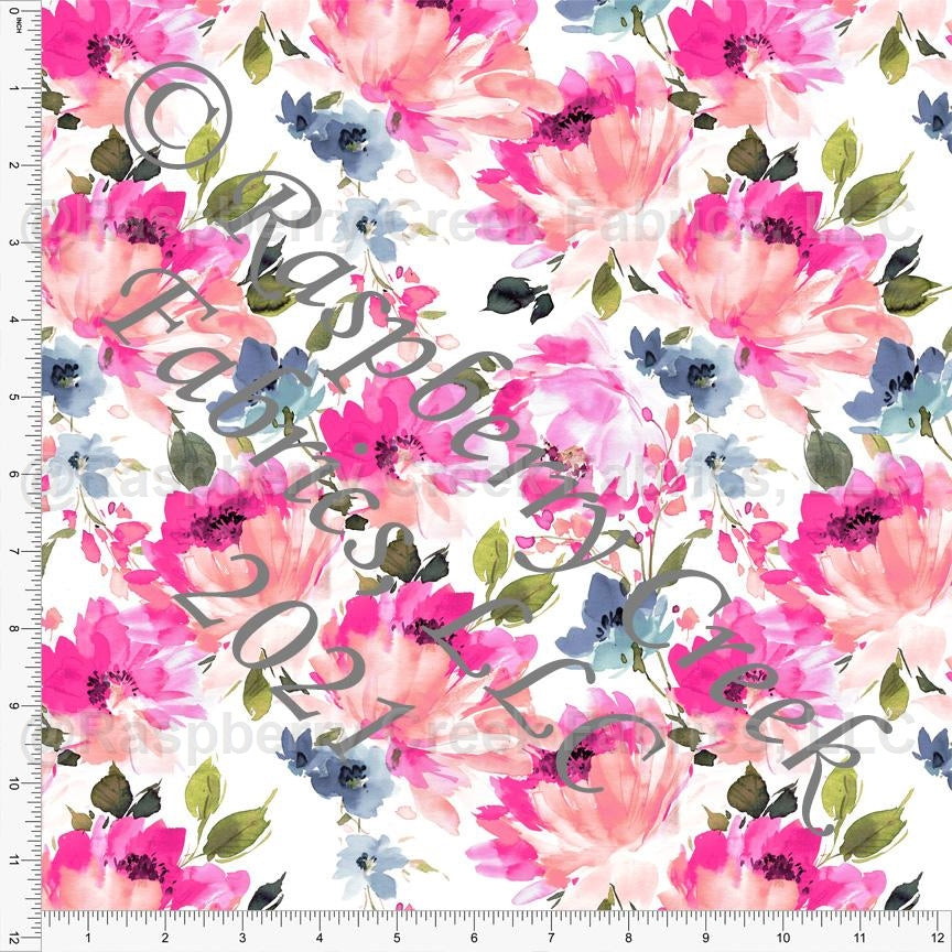 Fuchsia Coral Dusty Blue and Green Large Watercolor Peony Print Ponte De Roma Knit Fabric, CLUB Fabrics Fabric, Raspberry Creek Fabrics, watermarked
