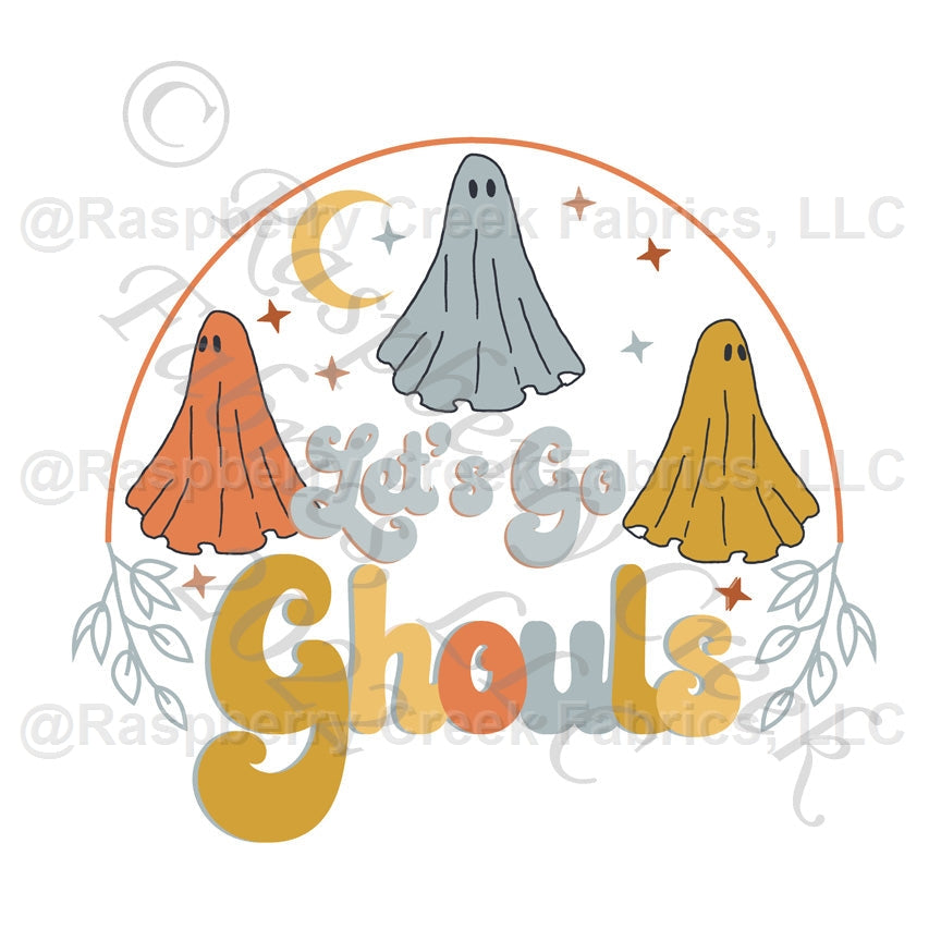 Mustard Orange Dusty Blue and Grey Let's Go Ghouls Panel, Let's Go Ghouls by Kim Henrie for CLUB Fabrics Fabric, Raspberry Creek Fabrics, watermarked