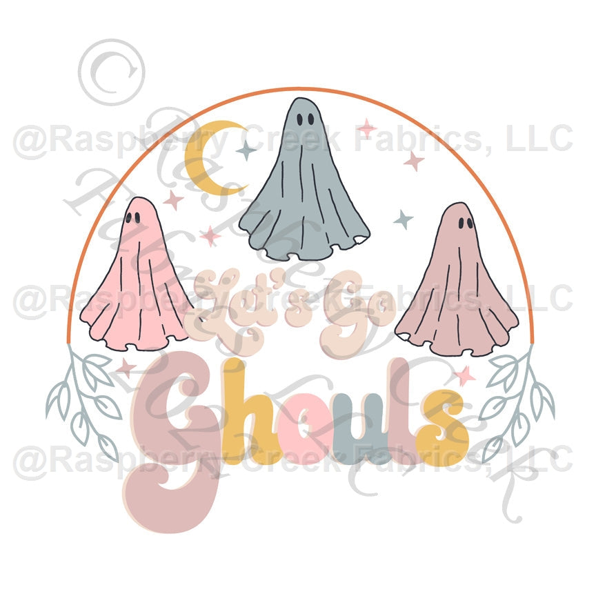 Dusty Pink Dusty Blue Mauve and Mustard Let's Go Ghouls Panel, Let's Go Ghouls by Kim Henrie for CLUB Fabrics Fabric, Raspberry Creek Fabrics, watermarked