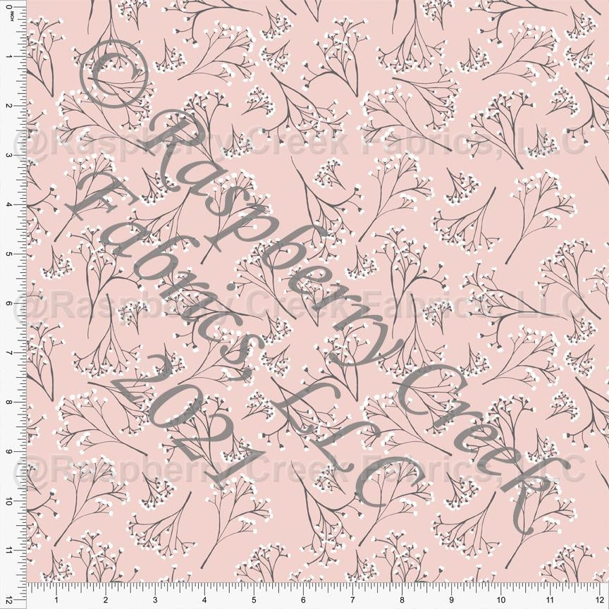 Light Coral Grey and Off White Baby's Breath Floral Print Stretch Crepe, By Courtney Graziano for CLUB Fabrics Fabric, Raspberry Creek Fabrics, watermarked