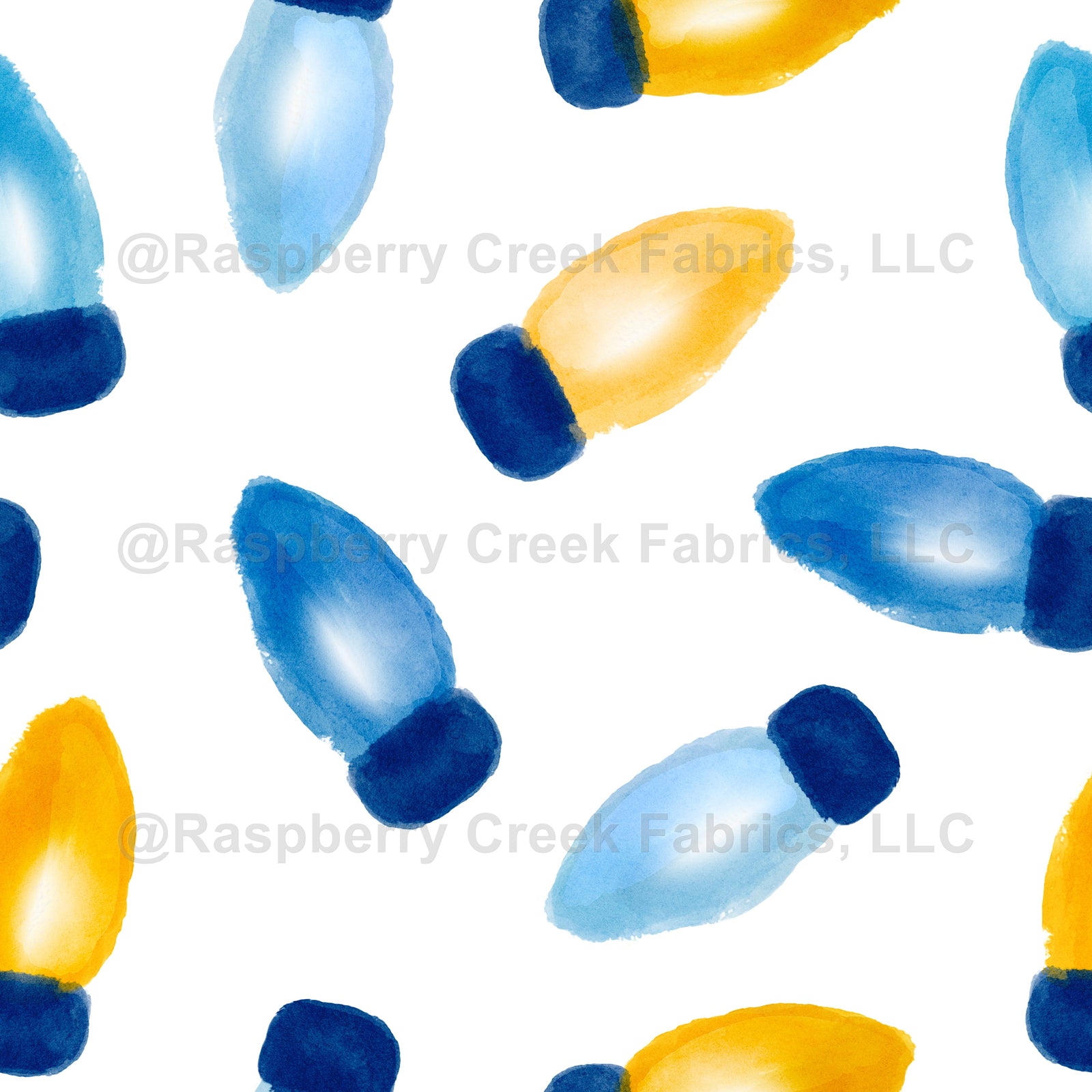 Hanukkah String Lights Watercolor Blue Yellow Gold on White , Raspberry Creek Fabrics, watermarked