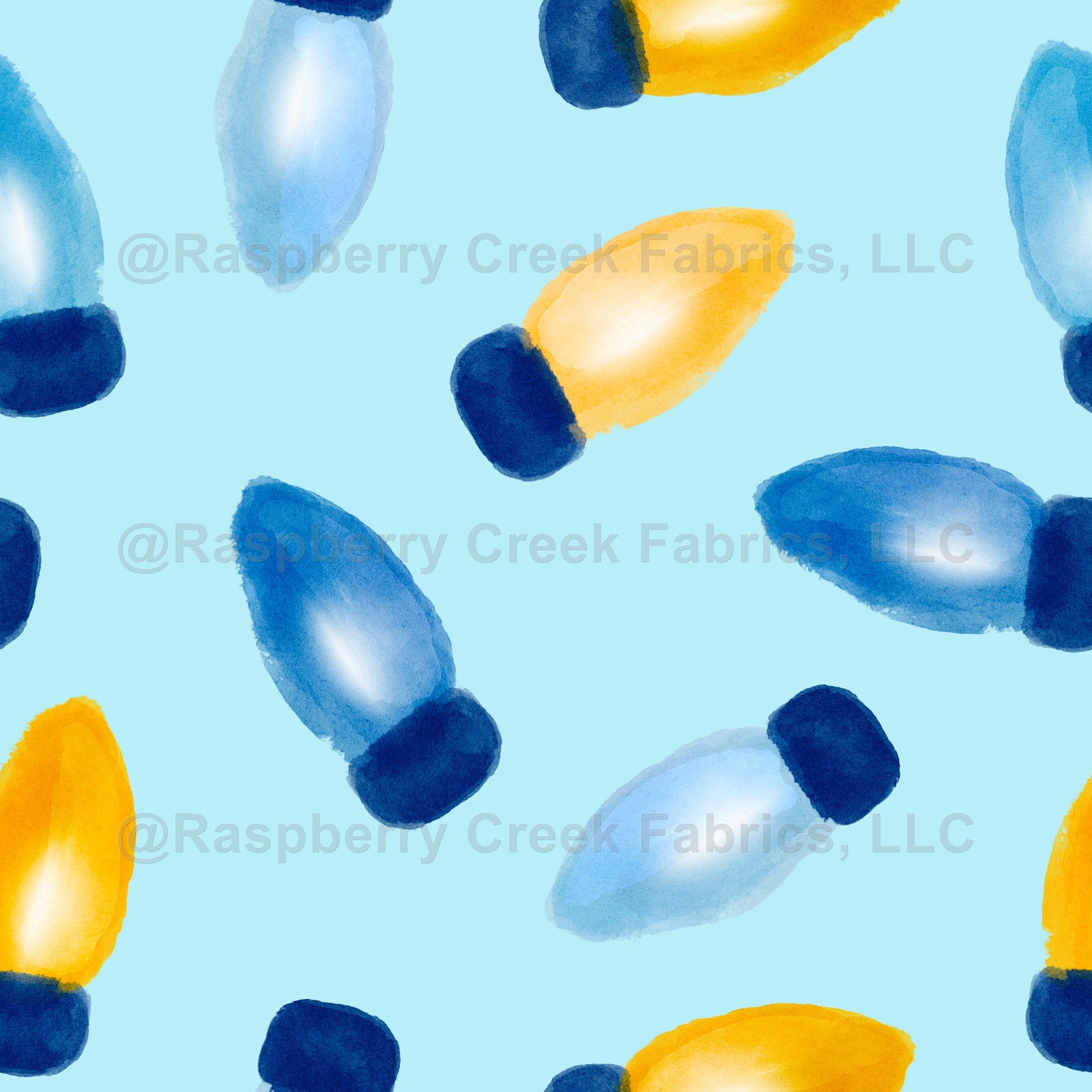 Hanukkah String Lights Watercolor Blue Yellow Gold on Light Blue , Raspberry Creek Fabrics, watermarked