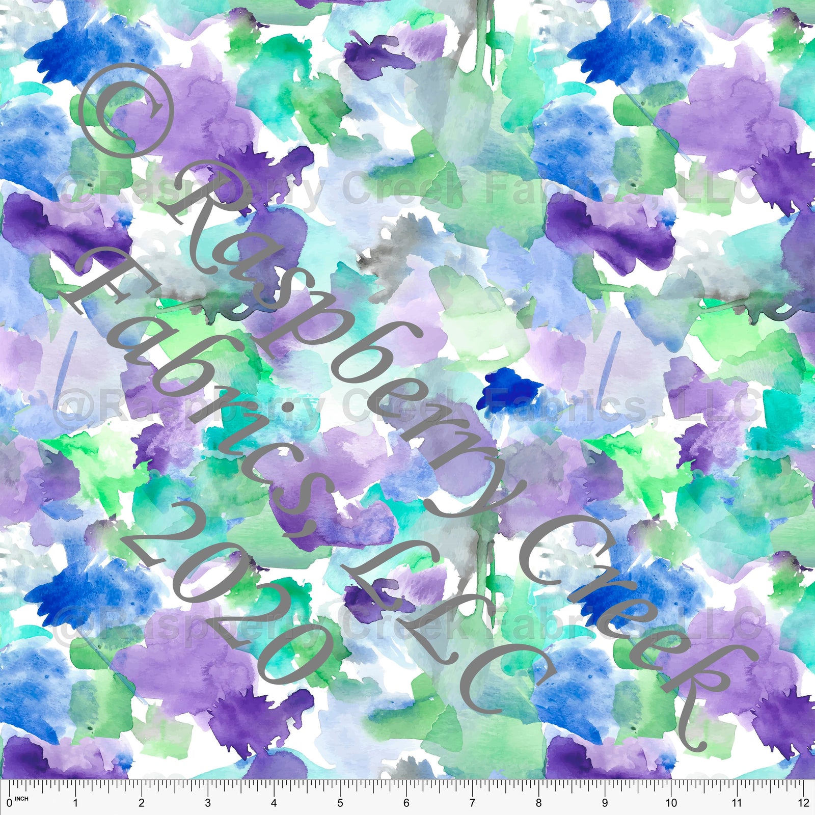 Teal Lilac and Seafoam Watercolor Brush Strokes Print Stretch Crepe Fabric, By Elise Peterson for CLUB Fabrics Fabric, Raspberry Creek Fabrics, watermarked
