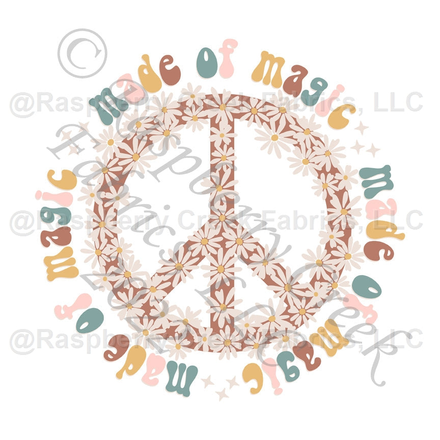 Dusty Teal Peach Pink Light Mustard and Clay Made of Magic Daisy Peace Panel, Made of Magic by Kim Henrie for CLUB Fabrics Fabric, Raspberry Creek Fabrics, watermarked