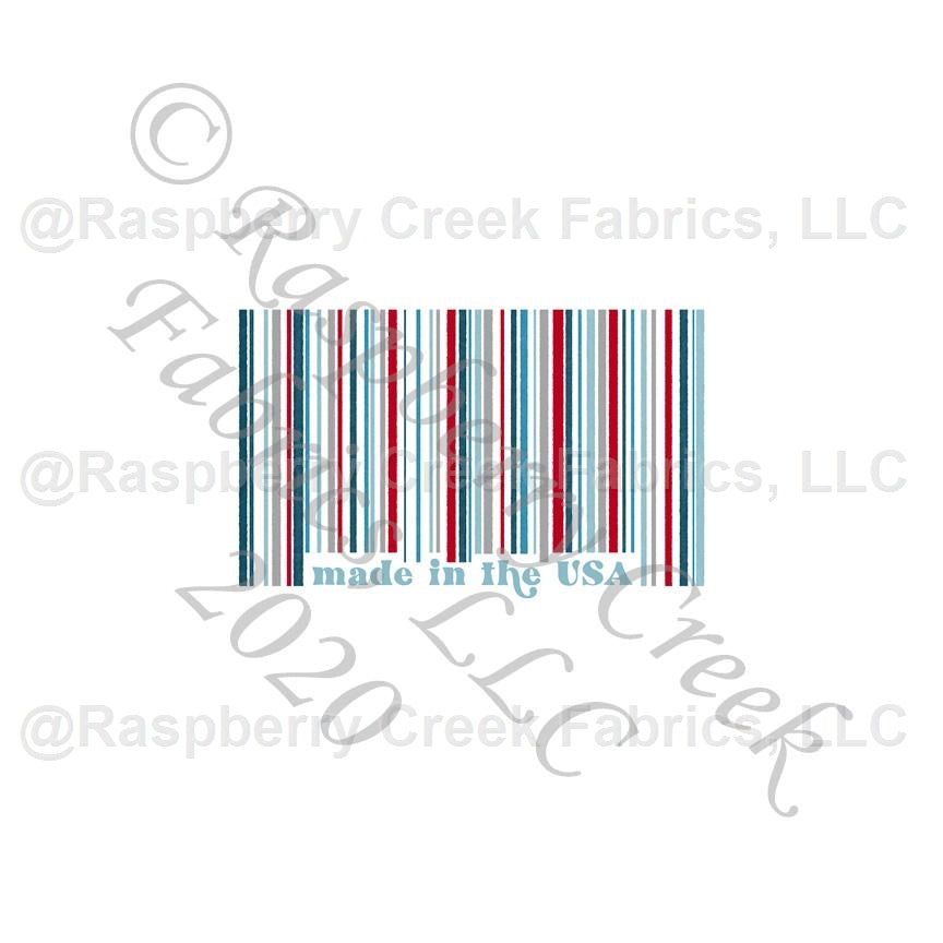 Red Teal Light Teal and Grey Made In The USA Barcode Panel, Made In the USA by Bri Powell for Club Fabrics Fabric, Raspberry Creek Fabrics, watermarked