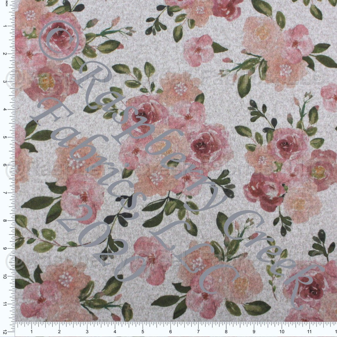Mauve Burgundy Peach Olive Green and Heathered Grey Floral Brushed Heathered Hacci Sweater Knit Fabric, CLUB Fabrics Fabric, Raspberry Creek Fabrics, watermarked