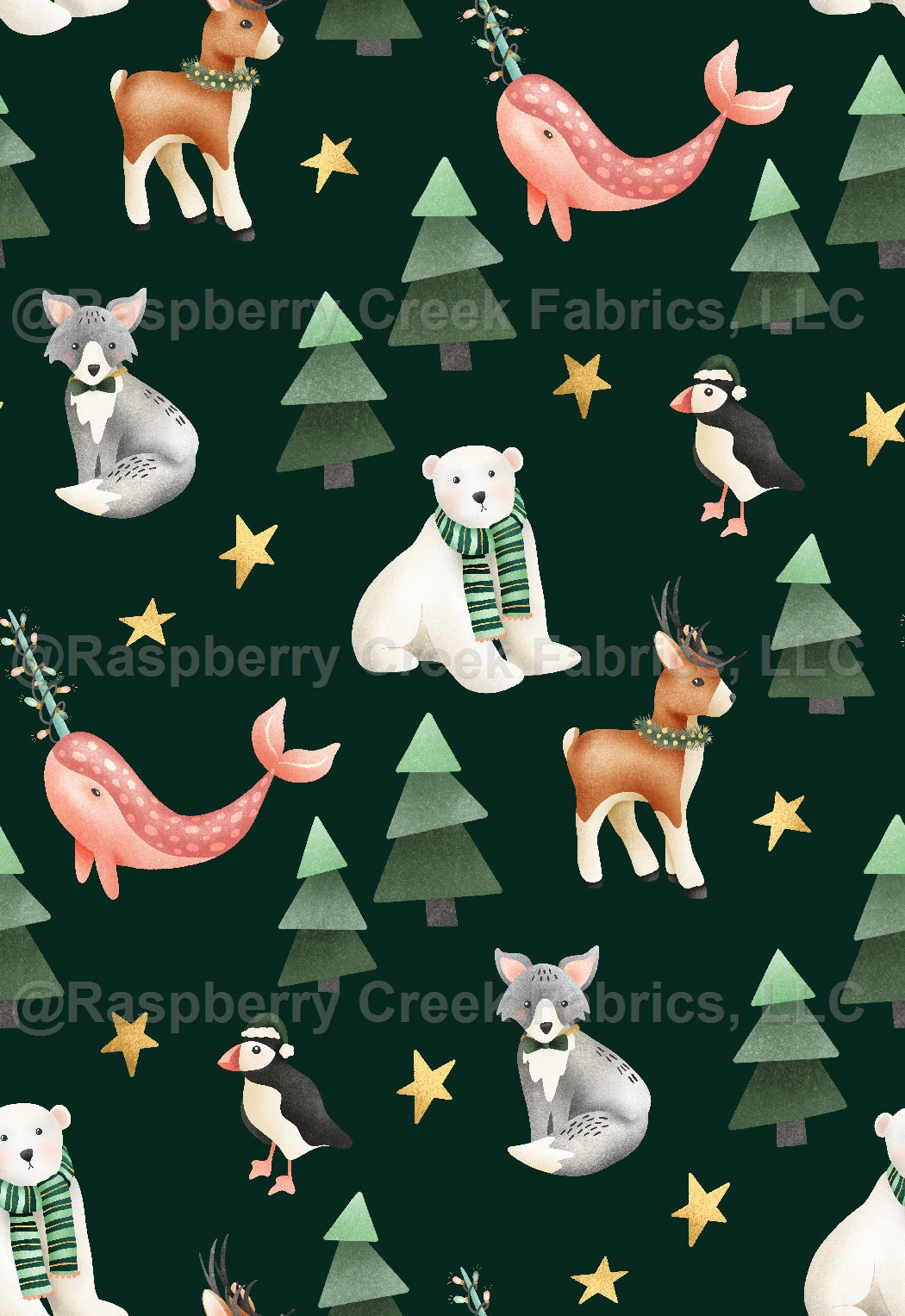 Merry Little Arctic Friends- Emerald Fabric, Raspberry Creek Fabrics, watermarked