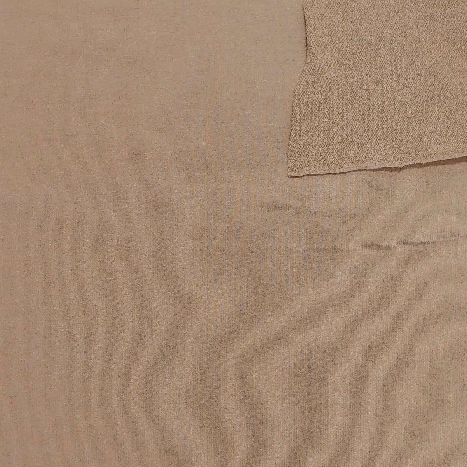 Solid Milk Chocolate Tan 4 Way Stretch French Terry Knit Fabric With Spandex Fabric, Raspberry Creek Fabrics, watermarked, restored