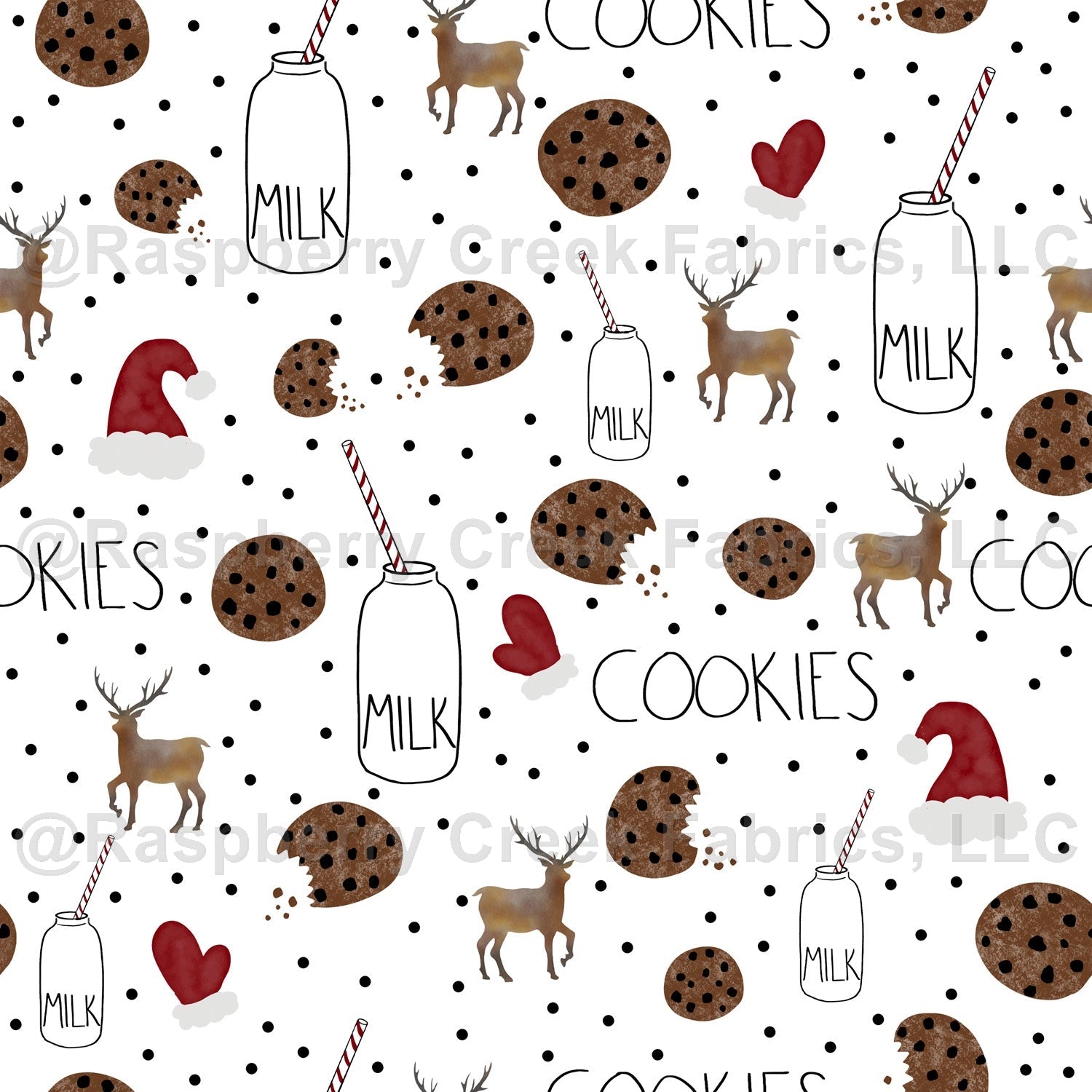 Burgundy Tonal Brown and Black Cookies and Milk Print, Christmas Traditions By Kelsey Shaw Fabric, Raspberry Creek Fabrics, watermarked