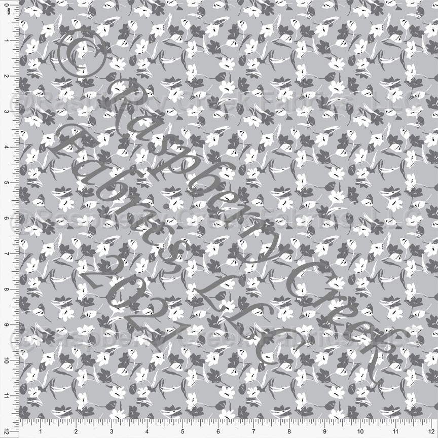 Tonal Grey and Off White Tossed Small Floral Print Stretch Crepe, CLUB Fabrics Fabric, Raspberry Creek Fabrics, watermarked