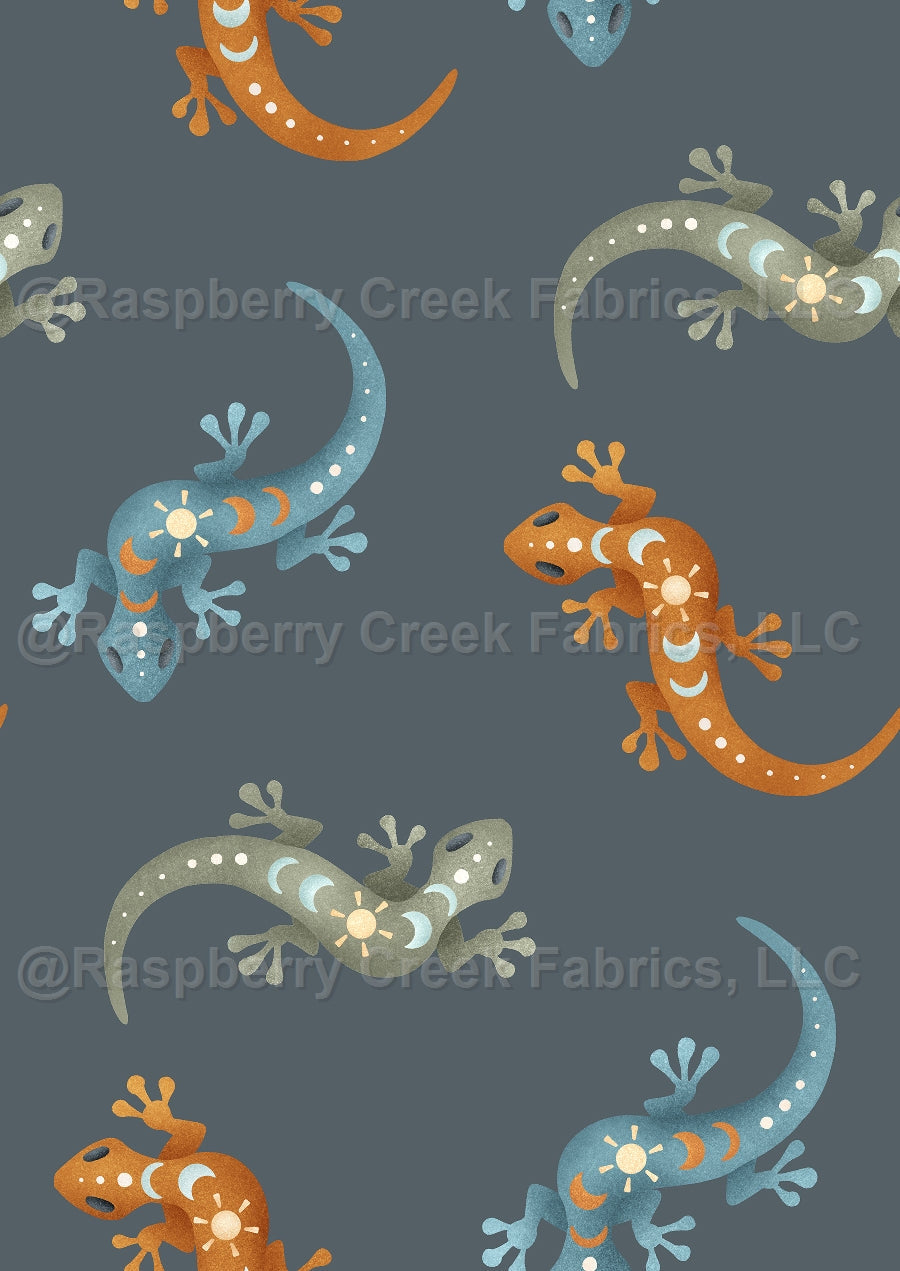 Mr Golden Sun Lizards Navy Fabric, Raspberry Creek Fabrics, watermarked