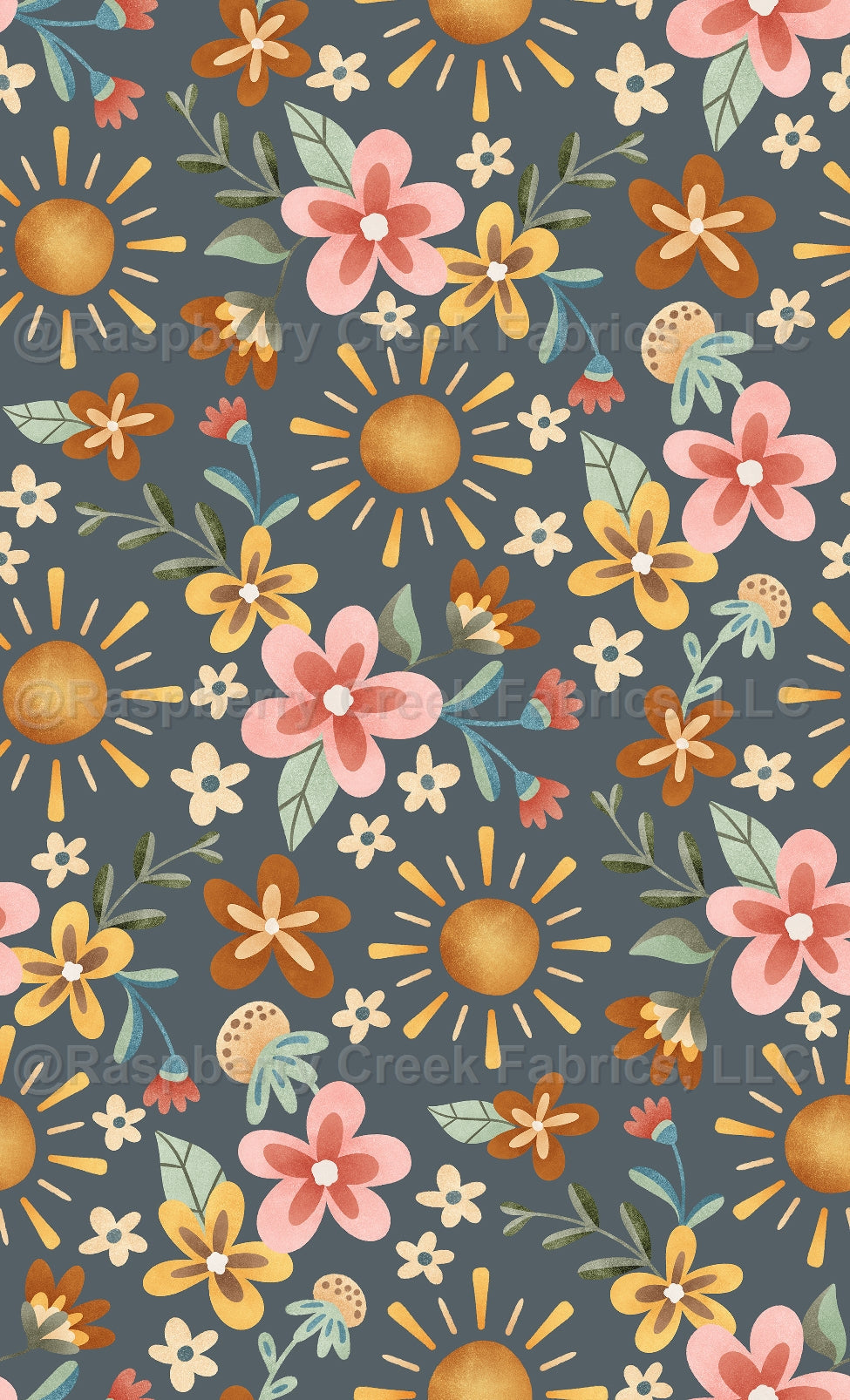 Mr Golden Sun Sunshine Floral Navy Fabric, Raspberry Creek Fabrics, watermarked