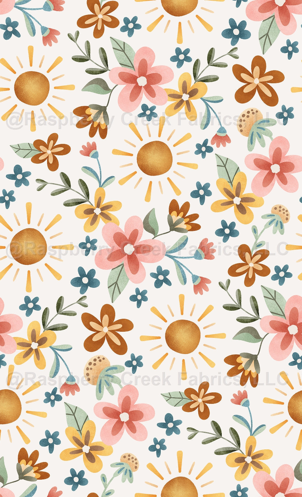 Mr Golden Sun Sunshine Floral White Fabric, Raspberry Creek Fabrics, watermarked