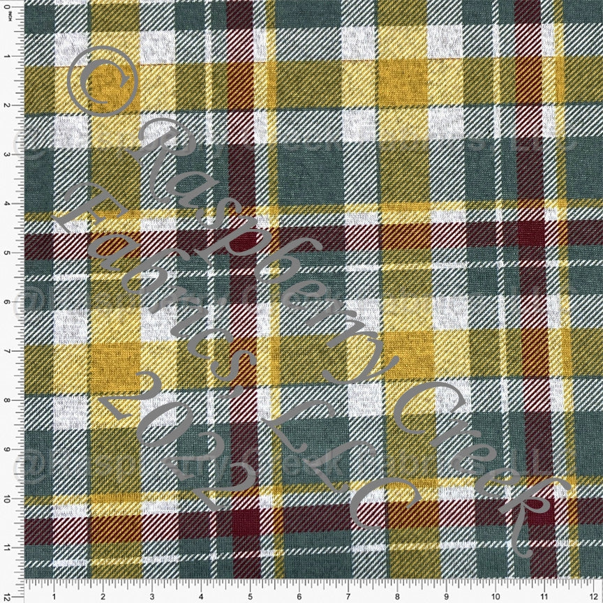 Dusty Green Mustard and Burgundy Plaid Brushed Heathered Hacci Sweater Knit Fabric, CLUB Fabrics Fabric, Raspberry Creek Fabrics, watermarked