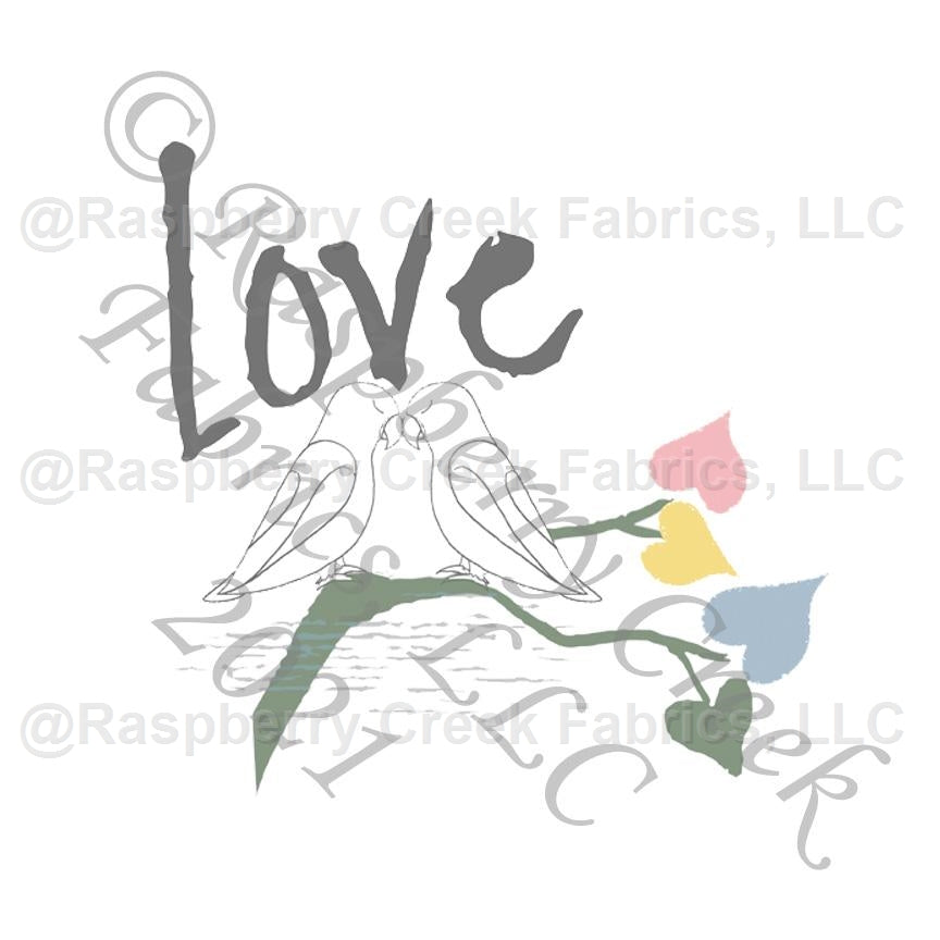 Grey Sage Light Pink Yellow and Dusty Blue Love Bird Panel, Sweet Love By Elise Peterson for Club Fabrics Fabric, Raspberry Creek Fabrics, watermarked