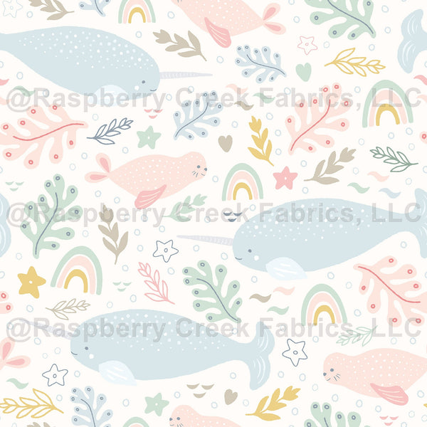 Pastel rainbow narwhal and seals seas Raspberry Creek Fabrics