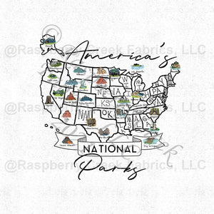 Green Teal Mint Rust And Grey National Parks Map Panel, Summer Road Trip by Bri Powell for Club Fabrics Fabric, Raspberry Creek Fabrics, watermarked