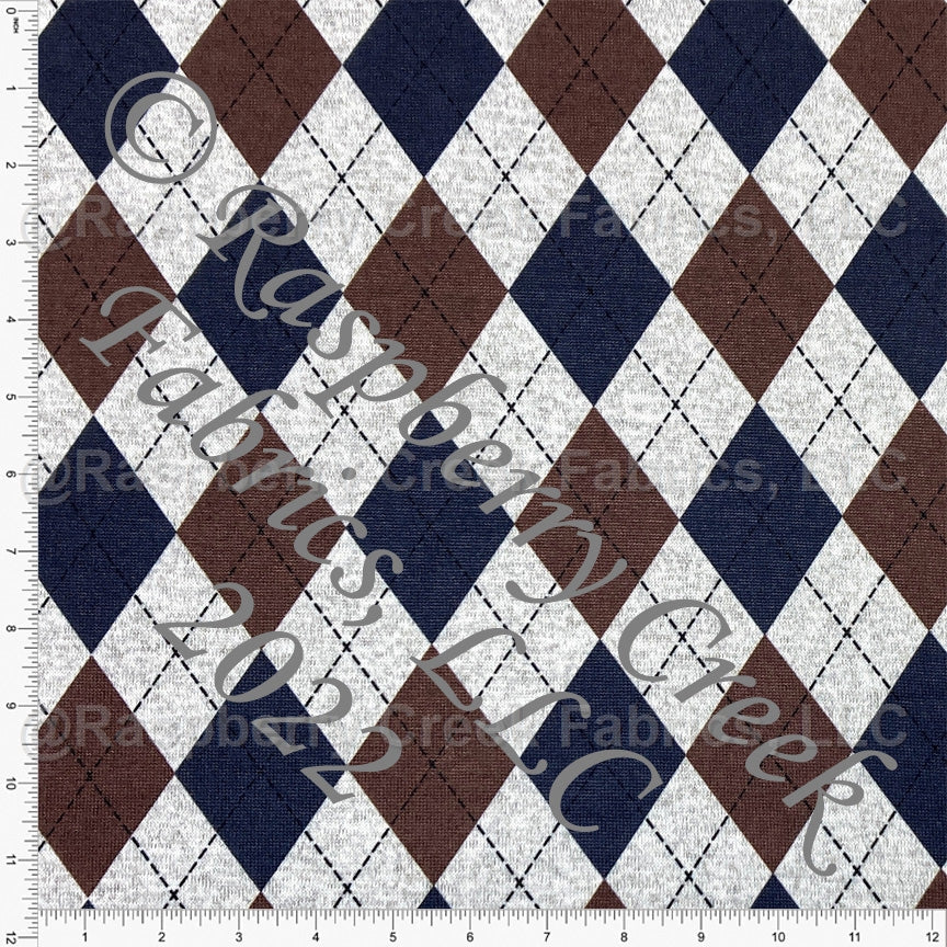 Dark Brown and Midnight Blue Argyle Brushed Heathered Hacci Sweater Knit Fabric, CLUB Fabrics Fabric, Raspberry Creek Fabrics, watermarked