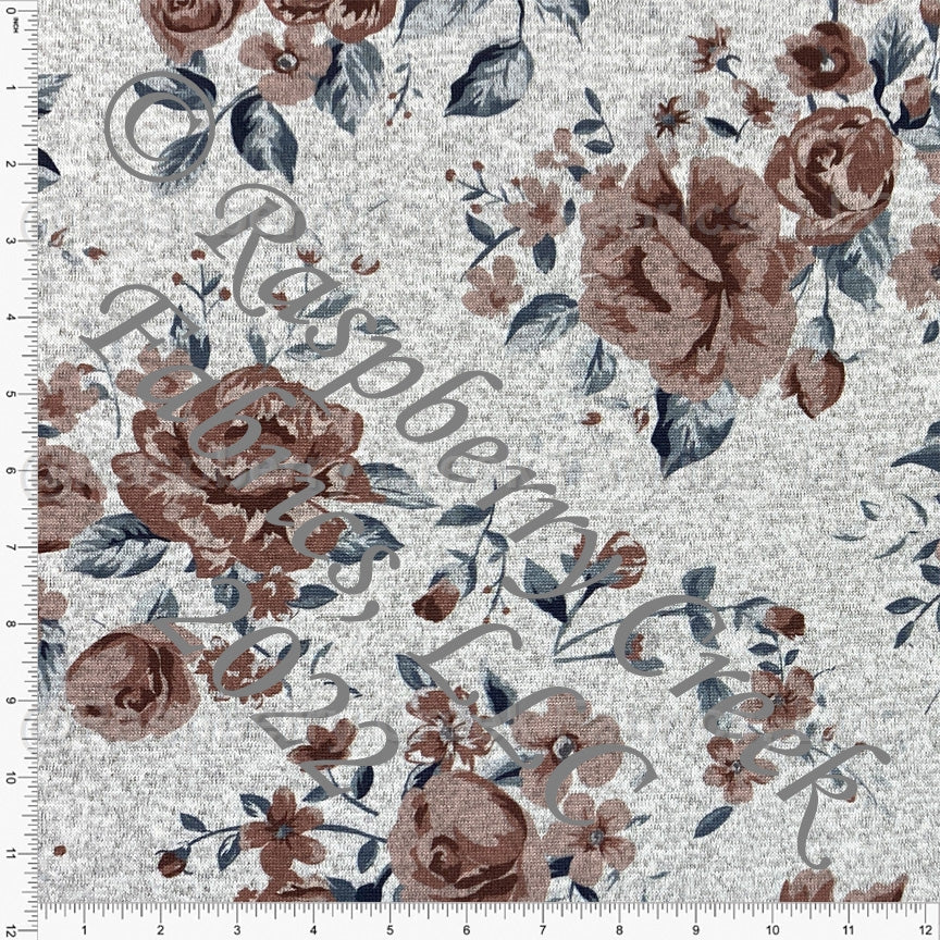 Tonal Dark Brown and Mightnight Navy Blue Classic Rose Floral Brushed Heathered Hacci Sweater Knit Fabric, CLUB Fabrics