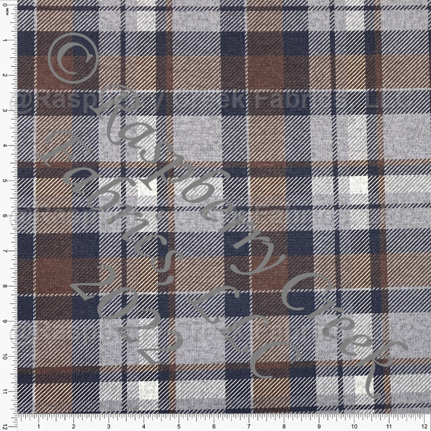 Dark Brown Midnight Navy and Grey Plaid Brushed Heathered Hacci Sweater Knit Fabric, CLUB Fabrics Fabric, Raspberry Creek Fabrics, watermarked