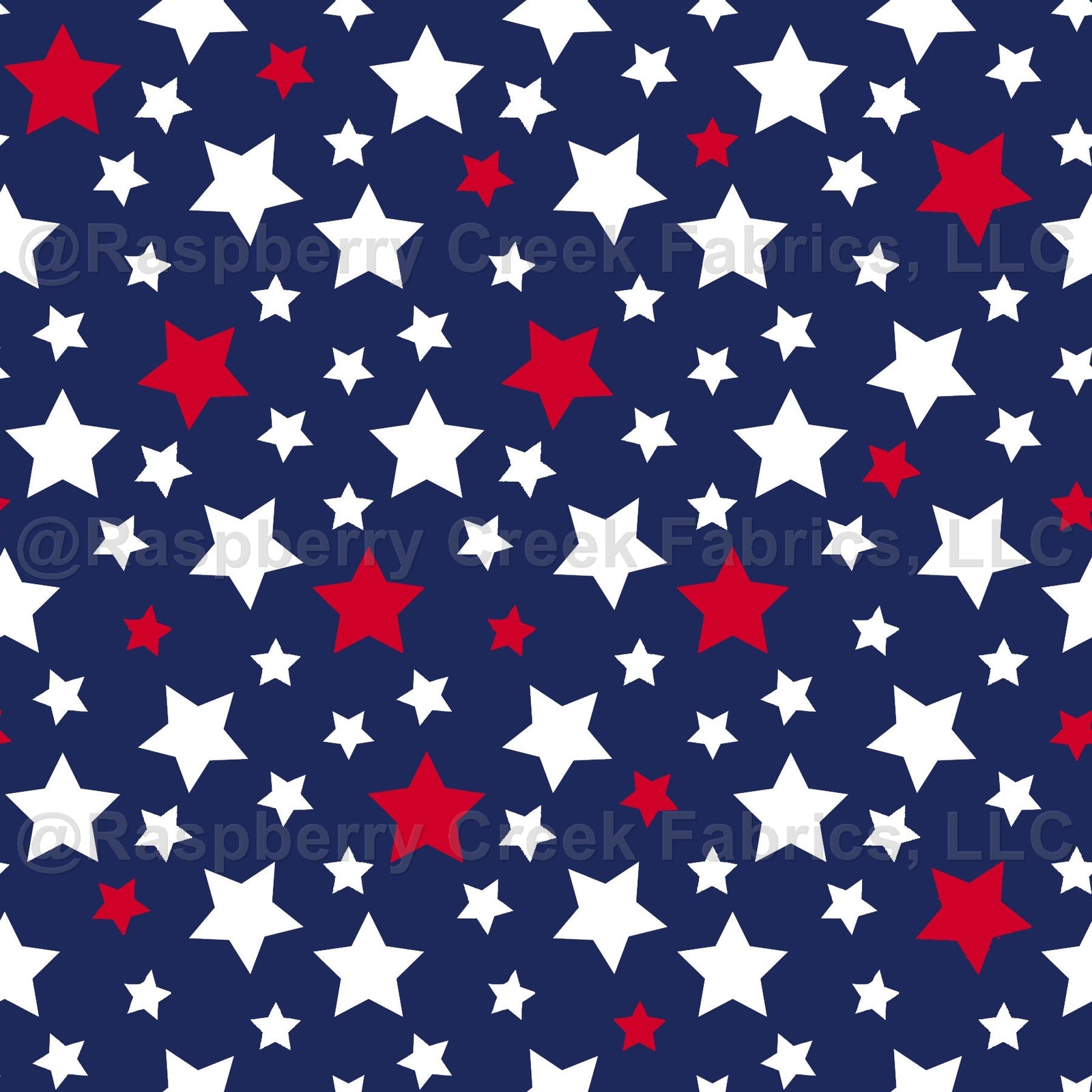 Navy Red and White Tossed Star Print Fabric Fabric, Raspberry Creek Fabrics, watermarked